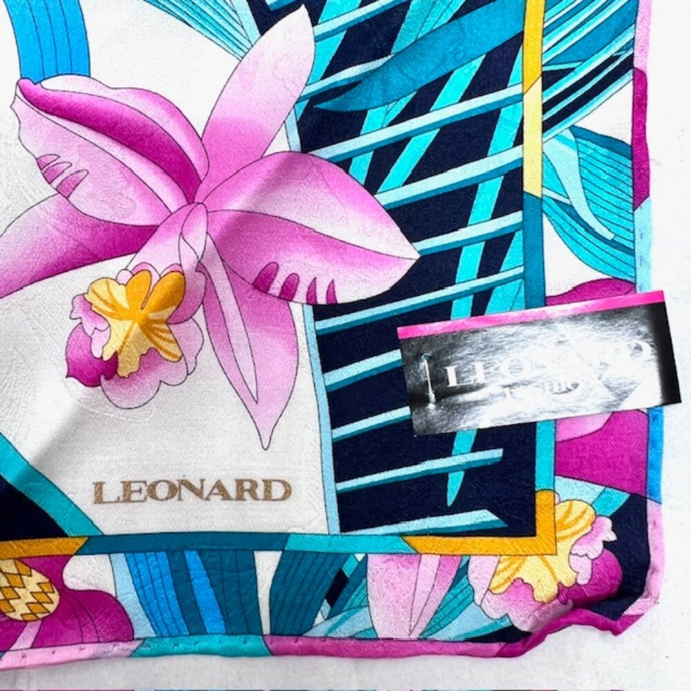 New Tag On Leonard  Scarf Cotton/Silk 22"  Black Blue Green Pink floral (54) - Picture 4 of 7